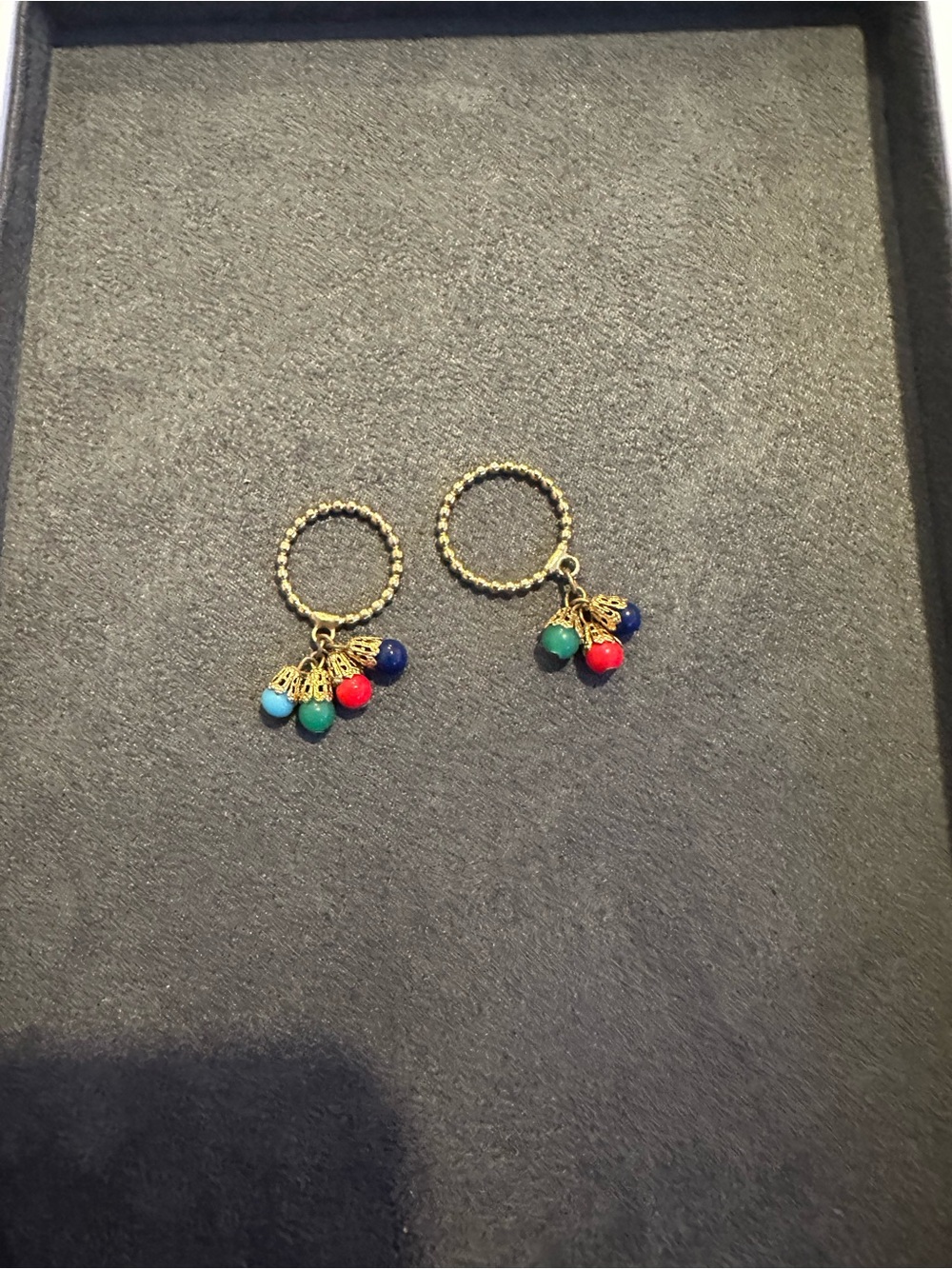 Gold Hoop Earrings with Red, Blue and Green Beads